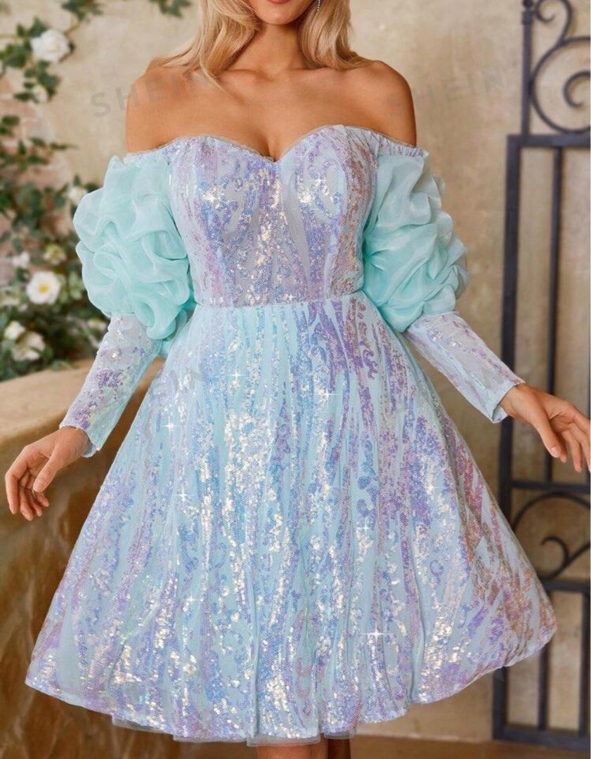 Glitter Tiffany Blue Turquoise Party Off Shoulder Dress, Women's Fashion,  Dresses & Sets, Dresses on Carousell