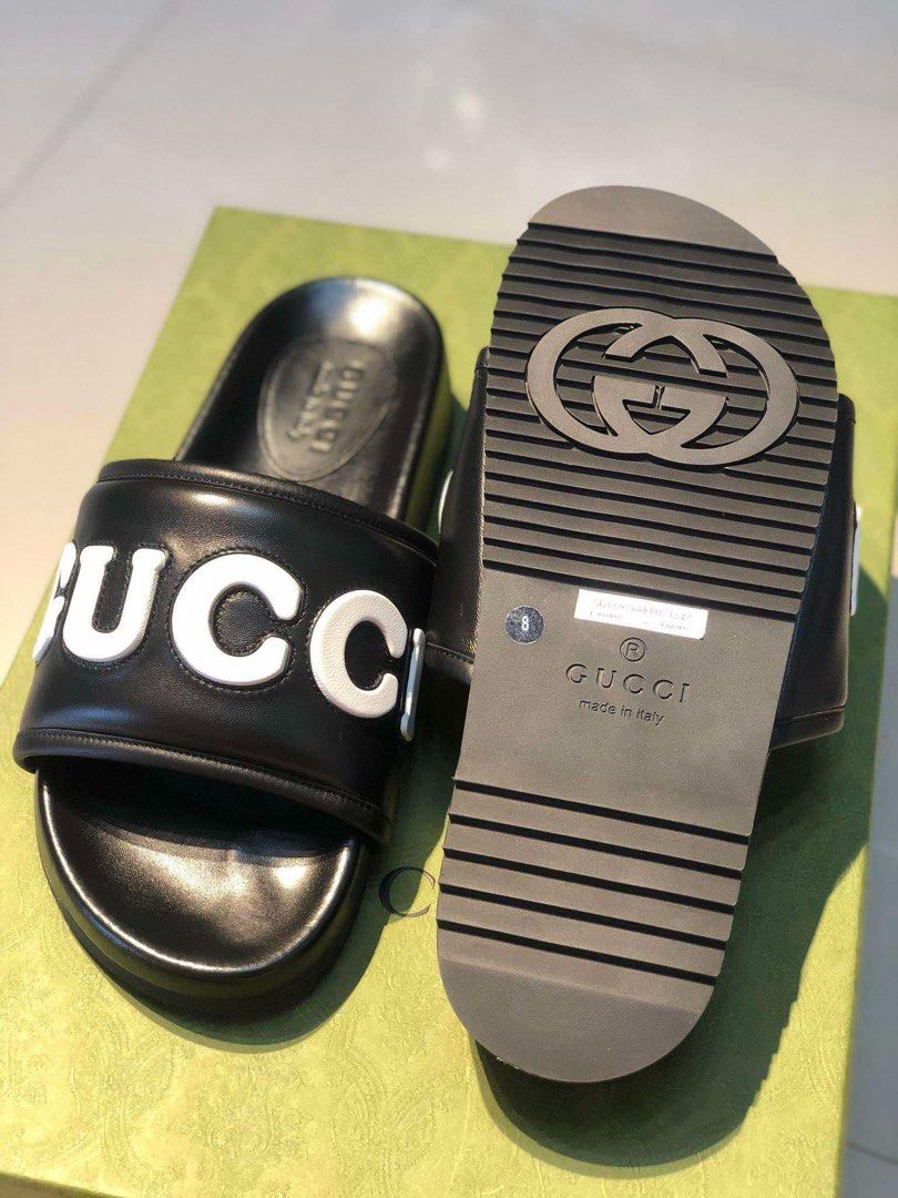 GUCCI Leather Upper Black Embosed Slide size 8us fit 9us
