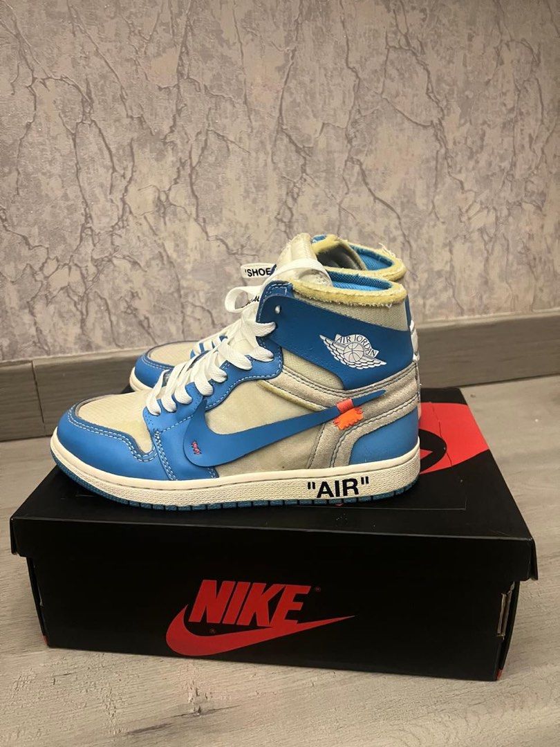 J1 Retro hi UNC blue x OW Fesyen Pria Sepatu Sneakers di Carousell