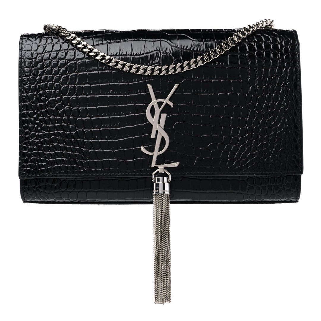 Saint Laurent Paris YSL Kate Small Bag with Silver Tassel with Croc Embossed Women