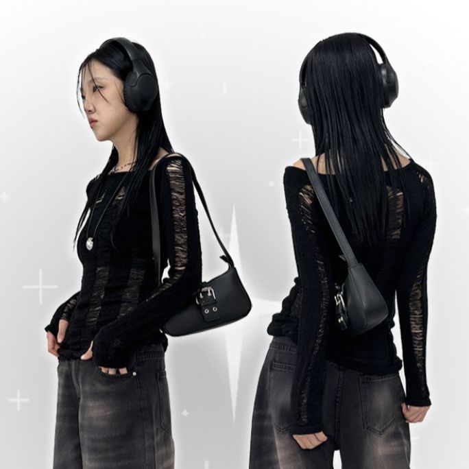 WTS black y2k Acubi distressed outerwear top, Women's Fashion