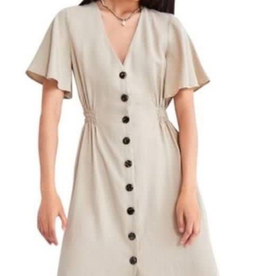 Zara Beige Button Down Linen Dress, Women's Fashion, Dresses & Sets, Dresses  on Carousell