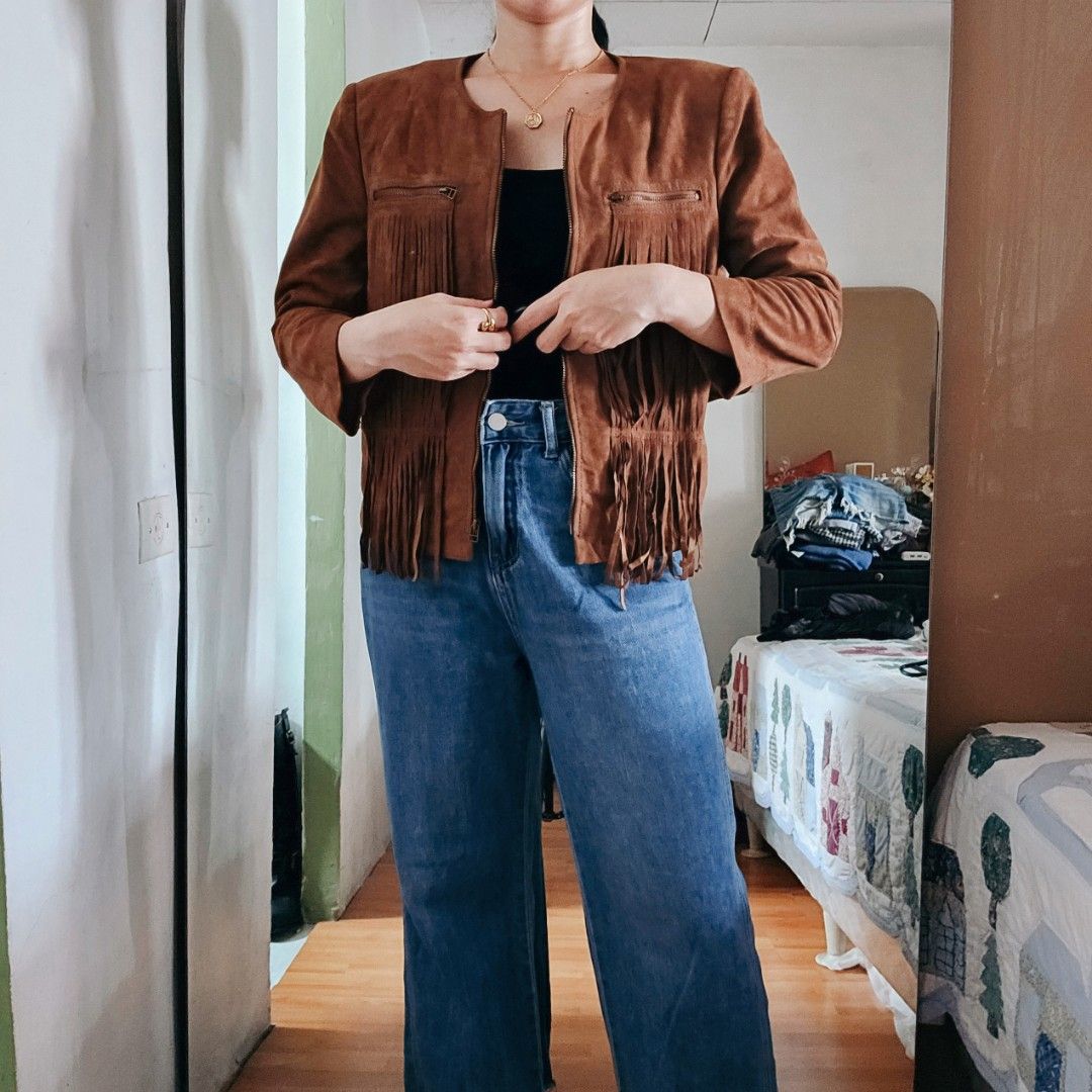 BCBG MAXAZRIA "Reiss" Sueded Faux leather BROWN FRINGE JACKET (Category: Coats, Jackets and Outerwear) located in Carmona. Submitted by simplestashph (Listing ID 1333215165, Image 3). Description: CODE: CS 07 BCBG MAXAZRIA "Reiss" Sueded Faux leather BROWN FRINGE JACKET SMALL *very good condition PHP 1200 C32, L 19, sleeves 16, shoulder 14.