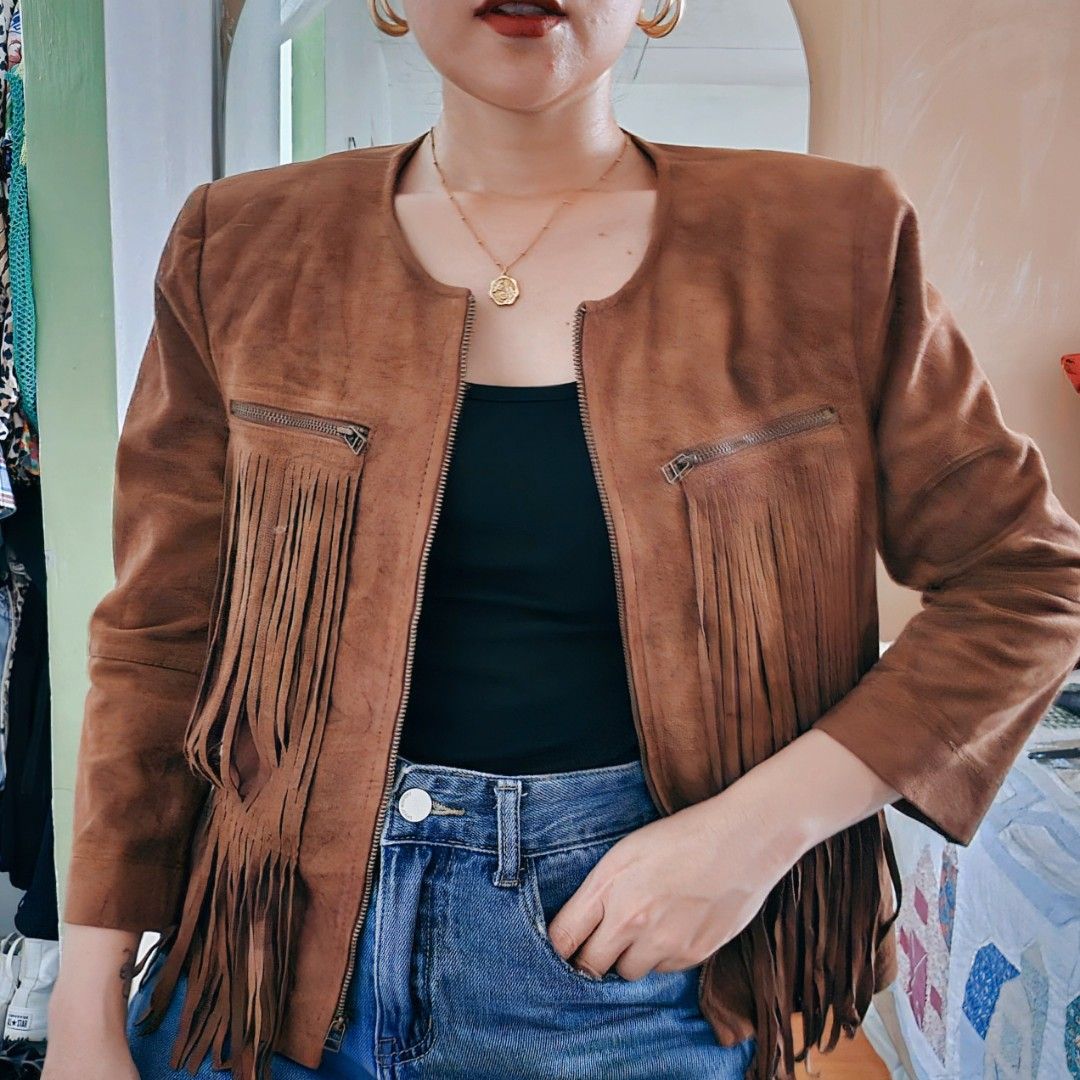 BCBG MAXAZRIA "Reiss" Sueded Faux leather BROWN FRINGE JACKET (Category: Coats, Jackets and Outerwear) located in Carmona. Submitted by simplestashph (Listing ID 1333215165, Image 2). Description: CODE: CS 07 BCBG MAXAZRIA "Reiss" Sueded Faux leather BROWN FRINGE JACKET SMALL *very good condition PHP 1200 C32, L 19, sleeves 16, shoulder 14.