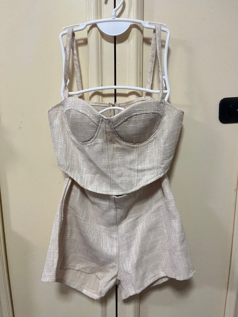 Shein Beige Tweed Co-ord Set (Category: Sets or Coordinates) located in Makati City. Submitted by frelbv (Listing ID 1333197423, Image 1). Description: Never used. No longer fits me Can be bought as 1000 with 3 other items priced 300.