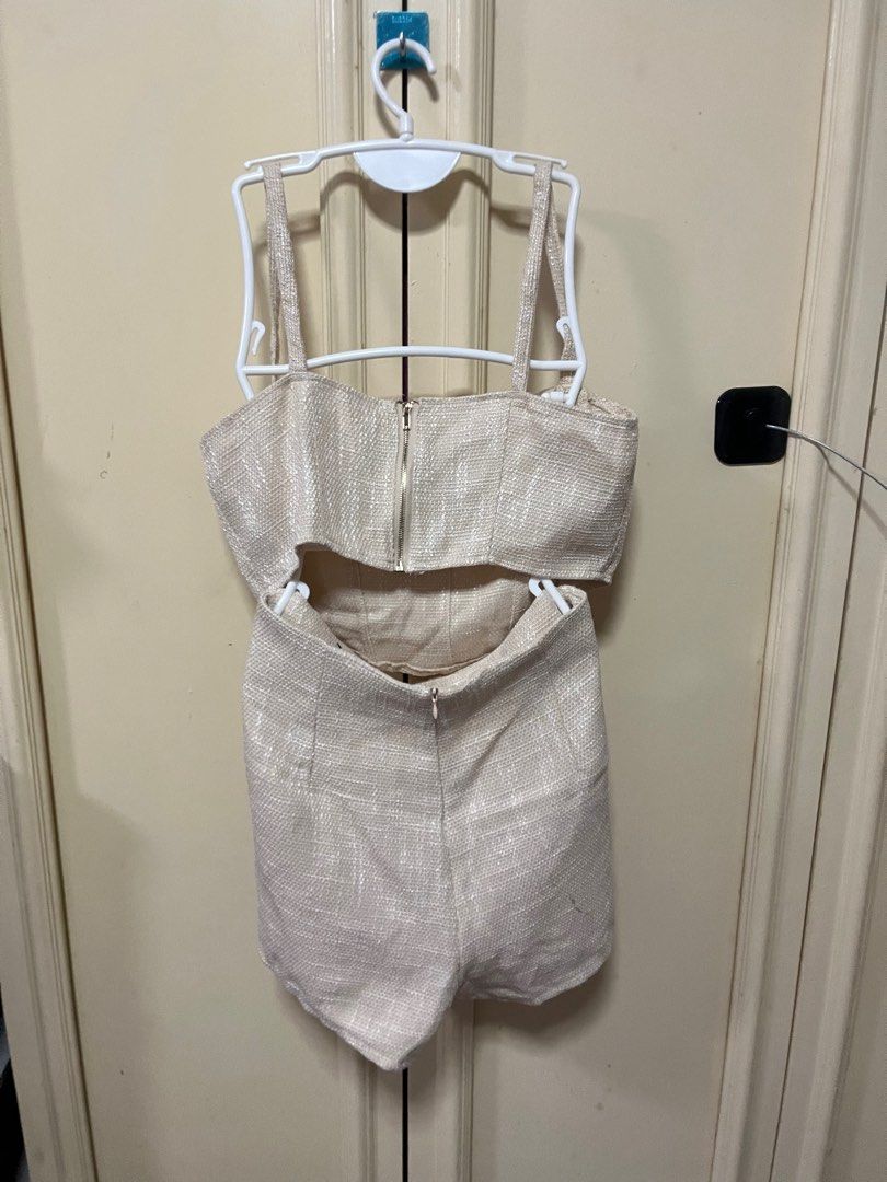 Shein Beige Tweed Co-ord Set (Category: Sets or Coordinates) located in Makati City. Submitted by frelbv (Listing ID 1333197423, Image 2). Description: Never used. No longer fits me Can be bought as 1000 with 3 other items priced 300.