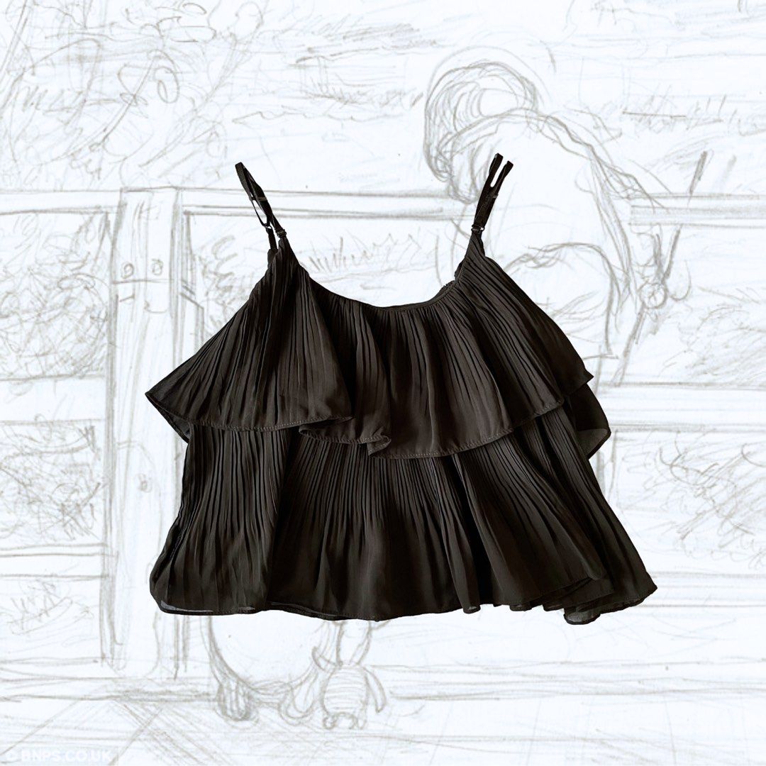 black pleated top (Category: Blouses) located in Consolacion. Submitted by fadedruby (Listing ID 1324971983, Image 1). Description: straps are adjustable has a few loose threads best fits S-M length: 21 inches width: 16.5 inches mop: gcash mod: j&t express sf will be shouldered by the buyer.