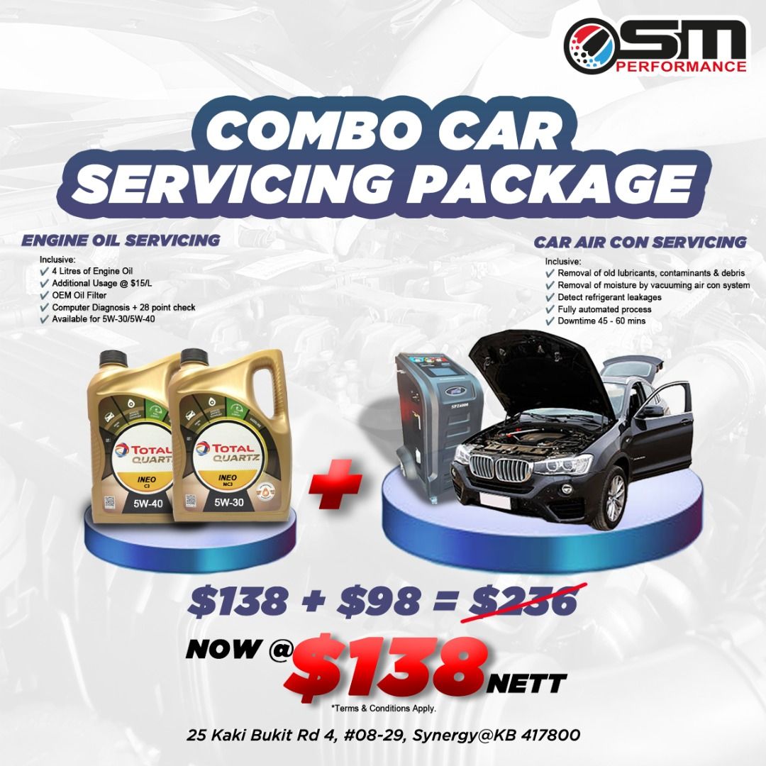 Engine Oil and Air Con Servicing Combo | Total Quartz | Liqui Moly | Car Servicing Package Promotion | OW-20 | 5W-30 | 5W-40 | Molygen | High Tec | Special Tec | Repair Works for Car (Category: Car Workshops & Services) located in Singapore. Submitted by smperformance (Listing ID 1297886925, Image 1). Description: Combo Car Servicing Package 𝐄𝐍𝐆𝐈𝐍𝐄 𝐎𝐈𝐋 + 𝐀𝐈𝐑 𝐂𝐎𝐍 𝐒𝐄𝐑𝐕𝐈𝐂𝐈𝐍𝐆 Total Quartz Ineo MC3 5W-30/Ineo C3 5W-40 @ $𝟏𝟑𝟖