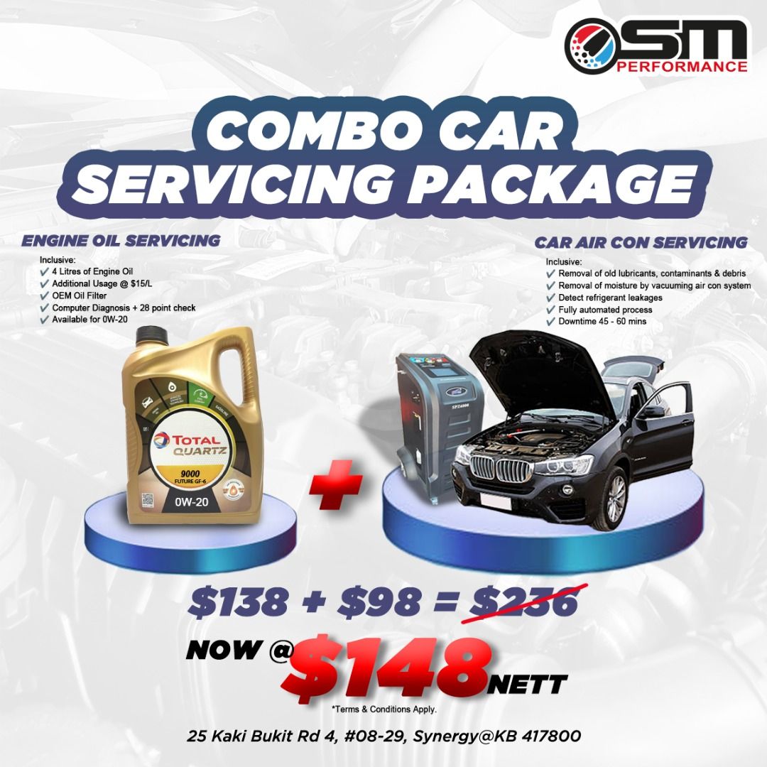Engine Oil and Air Con Servicing Combo | Total Quartz | Liqui Moly | Car Servicing Package Promotion | OW-20 | 5W-30 | 5W-40 | Molygen | High Tec | Special Tec | Repair Works for Car (Category: Car Workshops & Services) located in Singapore. Submitted by smperformance (Listing ID 1297886925, Image 2). Description: Combo Car Servicing Package 𝐄𝐍𝐆𝐈𝐍𝐄 𝐎𝐈𝐋 + 𝐀𝐈𝐑 𝐂𝐎𝐍 𝐒𝐄𝐑𝐕𝐈𝐂𝐈𝐍𝐆 Total Quartz Ineo MC3 5W-30/Ineo C3 5W-40 @ $𝟏𝟑𝟖