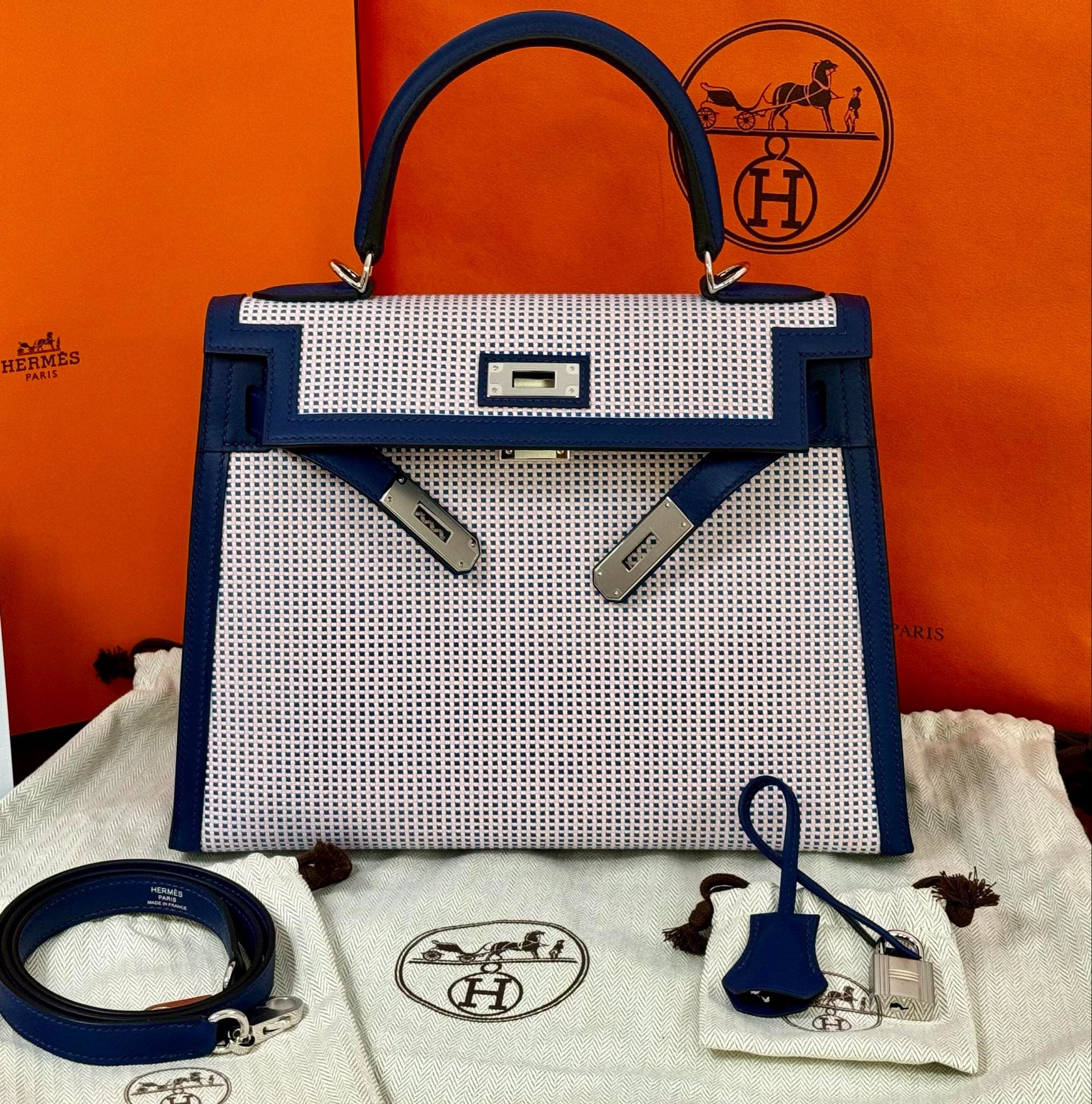 Hermes Kelly 28 in Toile Quadrille/Veau Swift Ecru-Mauve-Bleu