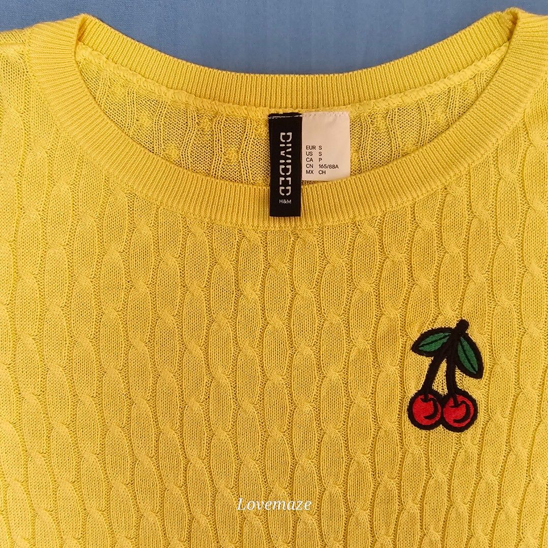 H M Divided yellow pullover long sleeves top with Red cherry embroidered design cable knit very light sweater top Women s Fashion Tops Longsleeves on Carousell