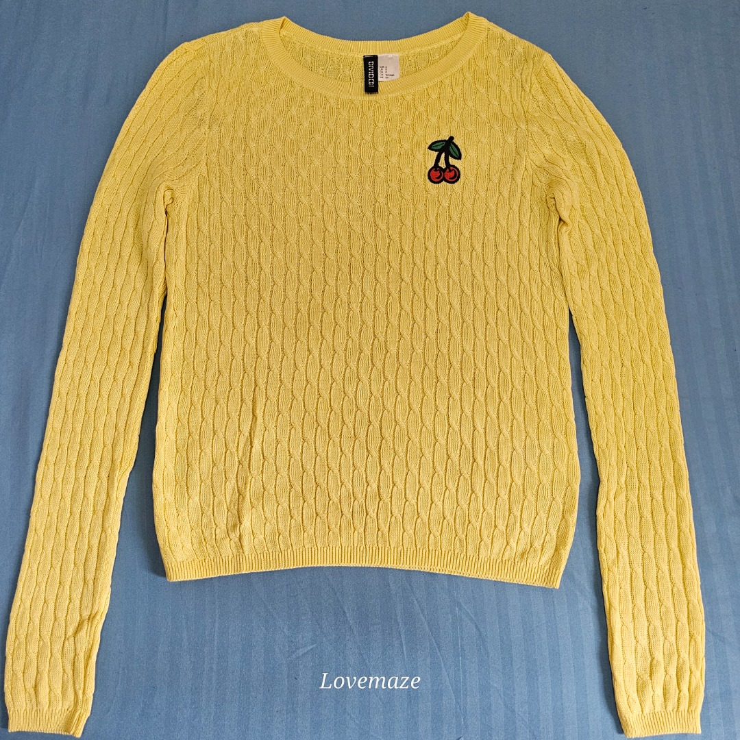 H M Divided yellow pullover long sleeves top with Red cherry embroidered design cable knit very light sweater top Women s Fashion Tops Longsleeves on Carousell