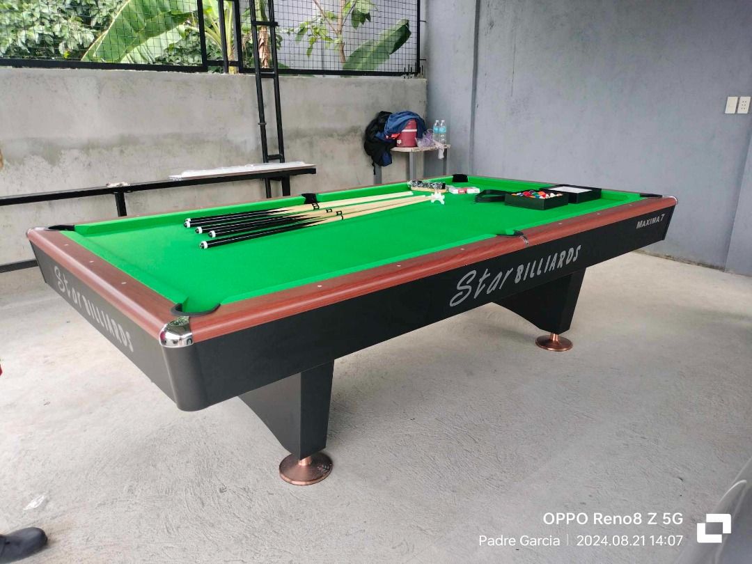 Maxima 7 Billiard Table (Category: Billiards and Bowling) located in San Pablo. Submitted by reyesbilliardsandaccessories_ (Listing ID 1333172142, Image 3). Description: MAXIMA 7 BILLIARD TABLE 🎱SPECIFICATIONS: ✔Size: 5x9ft (Tournament) ✔Slate: Granite ✔Cushion: Uylin ✔Corner Pocket: Metal ✔Side corner Pocket: Hard Plastic ✔Pocket: Manual 🎱ACCESSORIES INCLUDED: ✔ANDY 600 WITH WHITE CLOTH ✔ARAMITH PREMIUM BILLIARD BALL SET ✔MANUAL BILLIARD POCKE