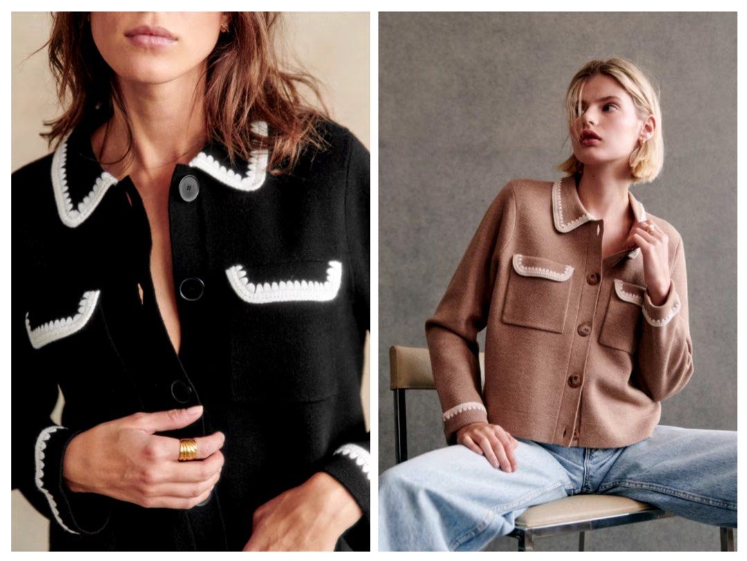 Sezane Betty Cardigan in Mottled Camel Vanilla Crochet and Black