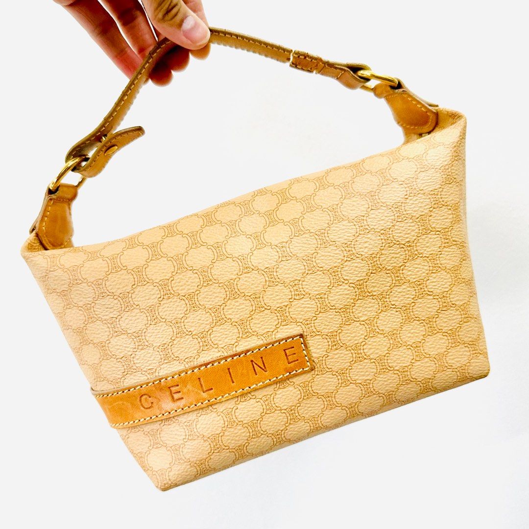 STEAL Celine Beige Tan GHW Macadam Monogram Logo Vintage Hobo Baguette Shoulder Pochette Bag Authentic