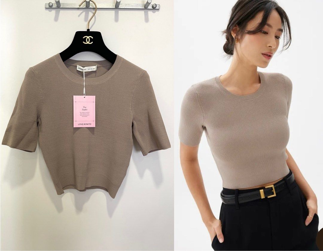 $39 LOVE BONITO KYLE KNIT ROUND NECK CROP TOP, Women's