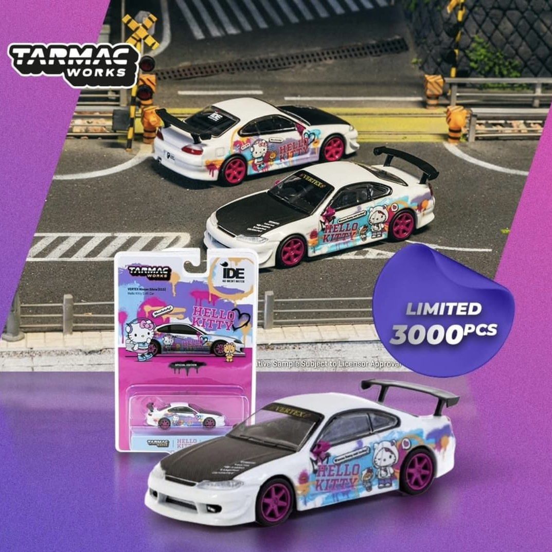 現貨印尼車仔展會場限定IDE 2024 Exclusive Tarmac Works 1:64 Die-cast Model Car VERTEX  Nissan Silvia S15 Hello Kitty Drift Car Tarmac Works 日產飛雞Sanrio 吉蒂貓, 興趣及遊戲,  玩具&