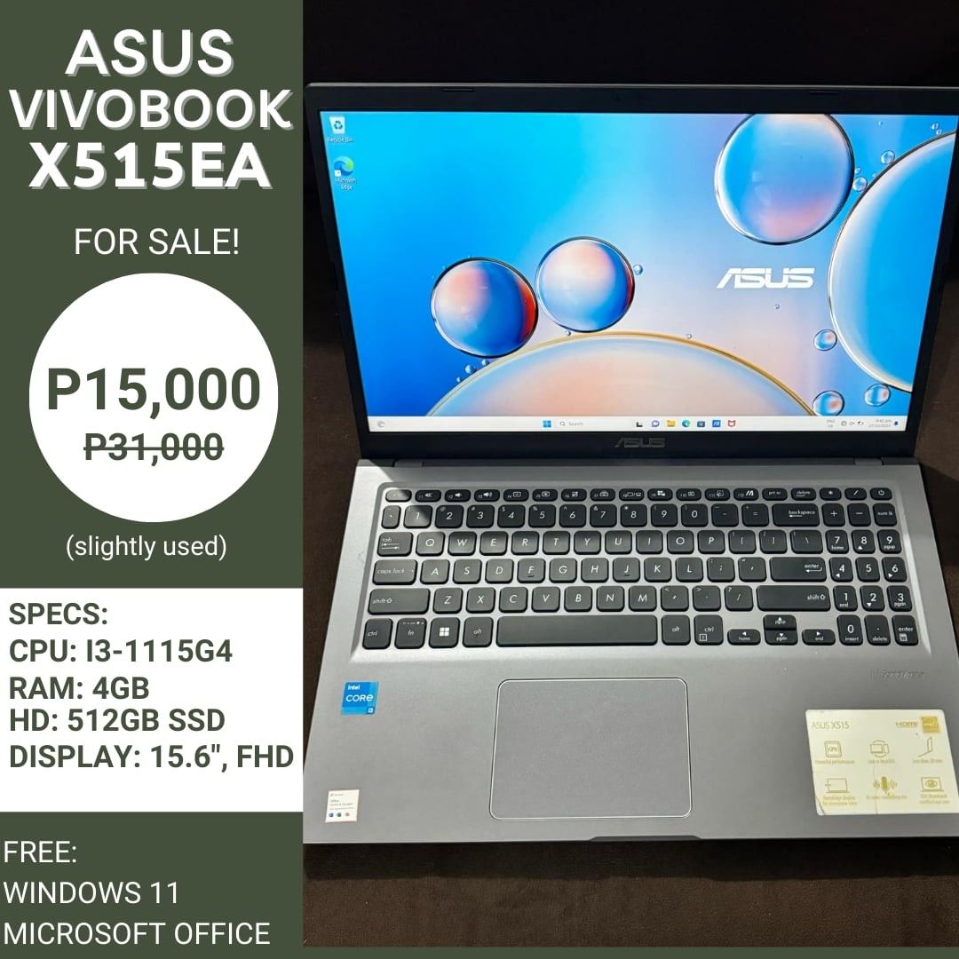 Asus Vivobook X515EA (Category: Laptops & Notebooks) located in Makati City. Submitted by jeffsquared (Listing ID 1333464936, Image 1). Description: For Sale Asus Vivobook X515EA Intel Core i3-1115G4 4GB 512GB ✔️ Slightly used ✔️ Windows 11 ✔️ Microsoft Office.