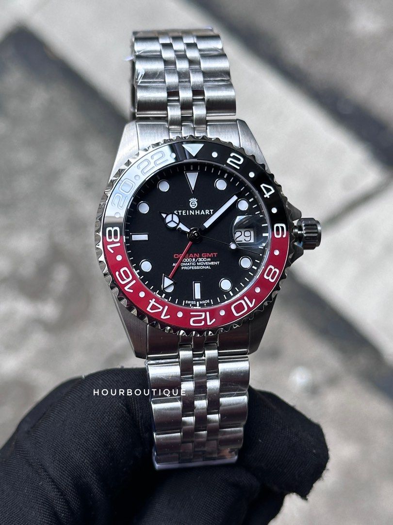 Brand New Steinhart Ocean 39 GMT Black Red Ceramic Bezel Swiss Made Automatic Watch