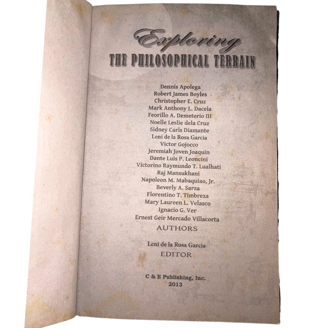 Exploring the Philosophical Terrain | edited by Leni Dlr. Garcia (Category: Storybooks) located in Quezon City. Submitted by lexats (Listing ID 1333457391, Image 3). Description: Lightly used but with plastic cover Pages are yellowing but still readable Payment via gcash/unionbank Shipping fee covered by buyer (lalamove/grabexpress or flash express).