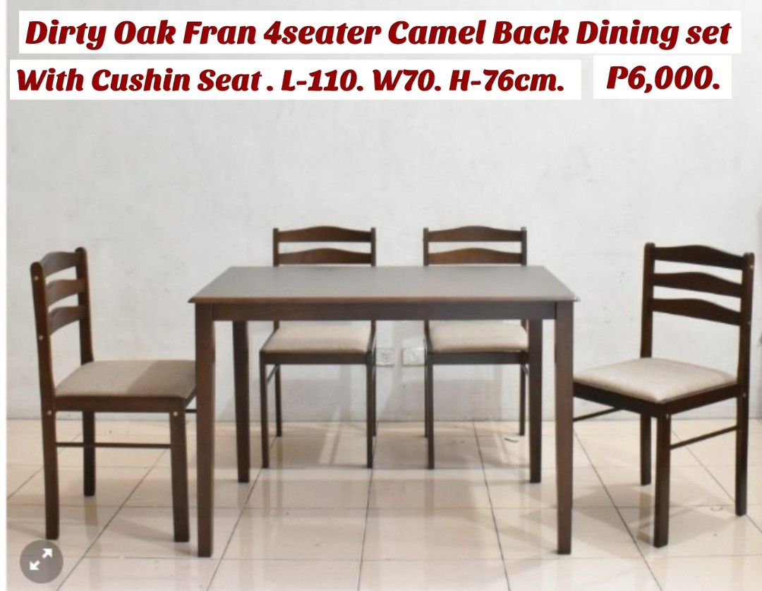 FRAN CAMEL BACK DINING TABLE SET (Category: Tables & Sets) located in Binan City. Submitted by mark.365 (Listing ID 1333480322, Image 2). Description: FRAN CAMEL BACK DINING TABLE SET . 4seaters Dirty Oak w seat cushion P6,000. 6seater 2-Tone White cherry P9,000. Pls visit us on FB. Bonifacio NBE Sales Center..