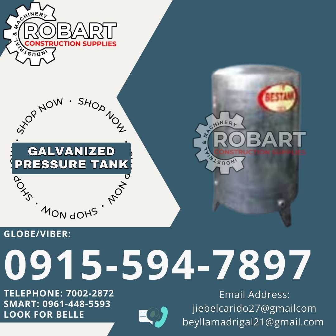GALVANIZED PRESSURE TANK (Category: Construction Tools & Equipment) located in Manila. Submitted by bellarobart (Listing ID 1333340338, Image 1). Description: GALVANIZED PRESSURE TANK Model: GP-12 with base Capacity: 12 gallons Diameter: 39cm Height: 48cm PRice: 2,200.00 𝑹𝑶𝑩𝑨𝑹𝑻 𝑪𝑶𝑵𝑺𝑻𝑹𝑼𝑪𝑻𝑰𝑶𝑵 𝑺𝑼𝑷𝑷𝑳𝑰𝑬𝑺 Office Address: 1405 Yuseco St. Sta Cruz Manila SEND US MESSAGE FOR INQUIRIES ‼️ ‼️ Glb/Vibr: 0915-594-7897 Smrt: 0961-448-