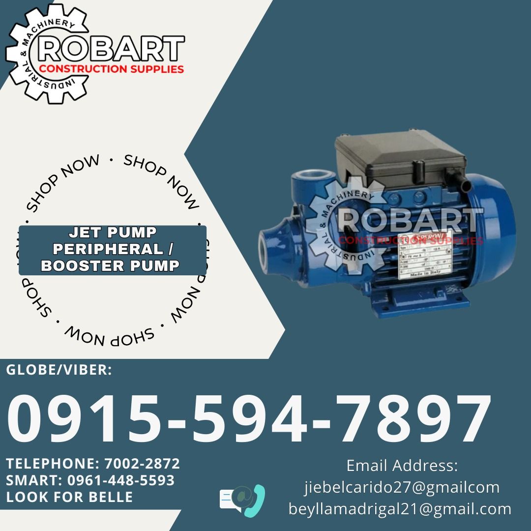 JET PUMP MADE IN ITALY PERIPHERAL / BOOSTER PUMP (Category: Construction Tools & Equipment) located in Manila. Submitted by bellarobart (Listing ID 1333350431, Image 1). Description: JET PUMP MADE IN ITALY PERIPHERAL / BOOSTER PUMP Brand: Speroni Model: KPM - 50 HP: 1/2 𝑹𝑶𝑩𝑨𝑹𝑻 𝑪𝑶𝑵𝑺𝑻𝑹𝑼𝑪𝑻𝑰𝑶𝑵 𝑺𝑼𝑷𝑷𝑳𝑰𝑬𝑺 Office Address: 1405 Yuseco St. Sta Cruz Manila SEND US MESSAGE FOR INQUIRIES ‼️ ‼️ Glb/Vibr: 0915-594-7897 Smrt: 0961-448-5