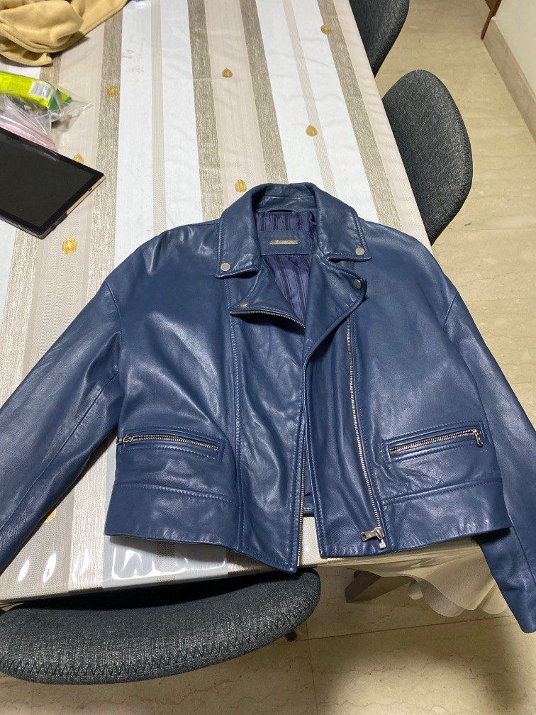 Massimo dutti blue leather jacket hotsell