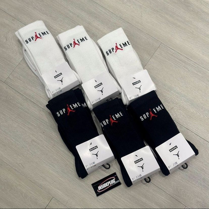 Supreme x Jordan FW24 Crew Socks (2 Pack) (Category: Socks) located in Quezon City. Submitted by inside_plug (Listing ID 1333392538, Image 1). Description: Supreme x Jordan FW24 Crew Socks 2 Pack (White, Black) Brandnew Dm us to purchase.