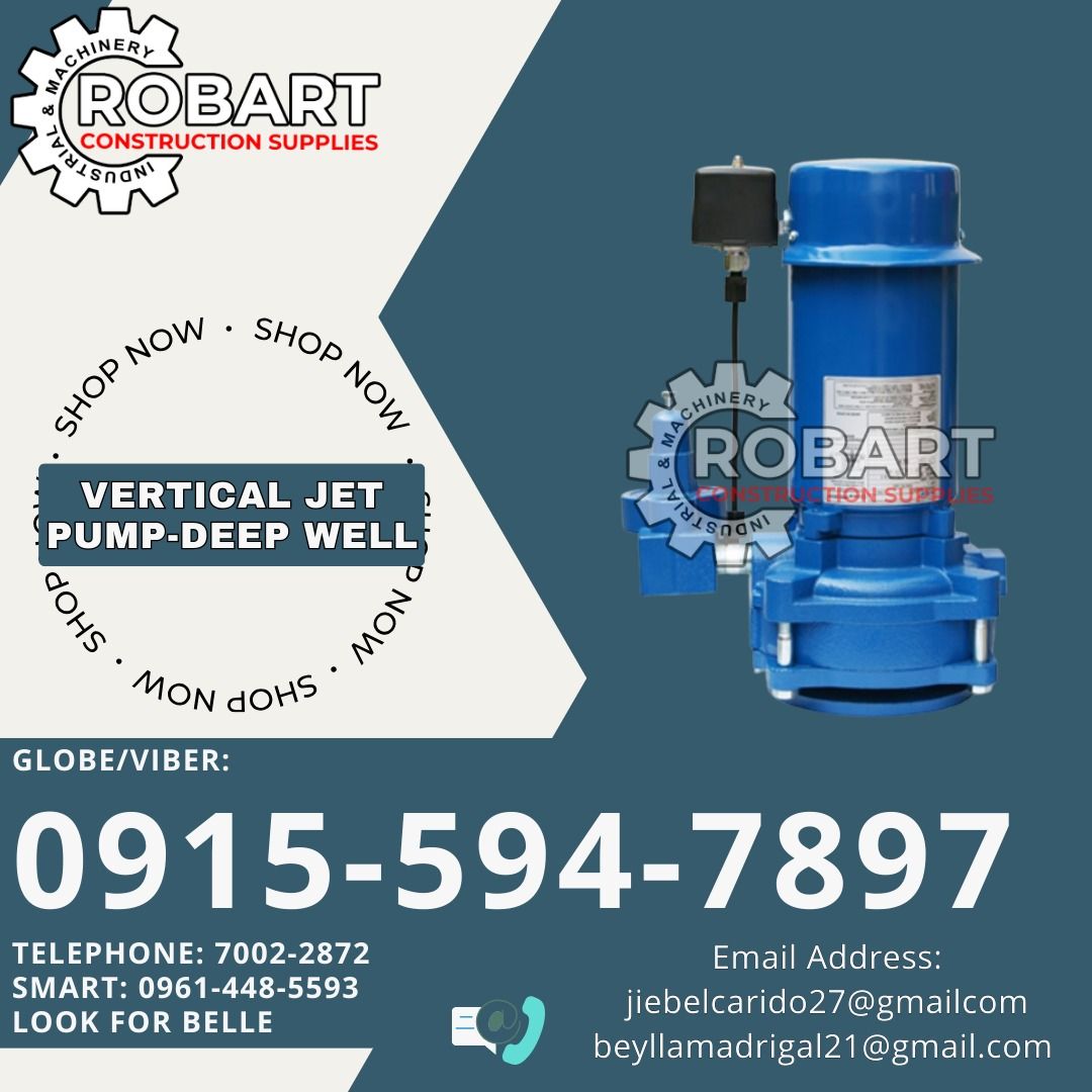 WAV SERIES VERTICAL JET PUMP-DEEP WELL (Category: Construction Tools & Equipment) located in Manila. Submitted by bellarobart (Listing ID 1333403170, Image 1). Description: WAV SERIES VERTICAL JET PUMP-DEEP WELL Brand: Houston 1HP 14,800.00 1.5HP 21,500.00 2HP 25,200.00 𝑹𝑶𝑩𝑨𝑹𝑻 𝑪𝑶𝑵𝑺𝑻𝑹𝑼𝑪𝑻𝑰𝑶𝑵 𝑺𝑼𝑷𝑷𝑳𝑰𝑬𝑺 Office Address: 1405 Yuseco St. Sta Cruz Manila SEND US MESSAGE FOR INQUIRIES ‼️ ‼️ Glb/Vibr: 0915-594-7897 Smrt: 0961-448-5