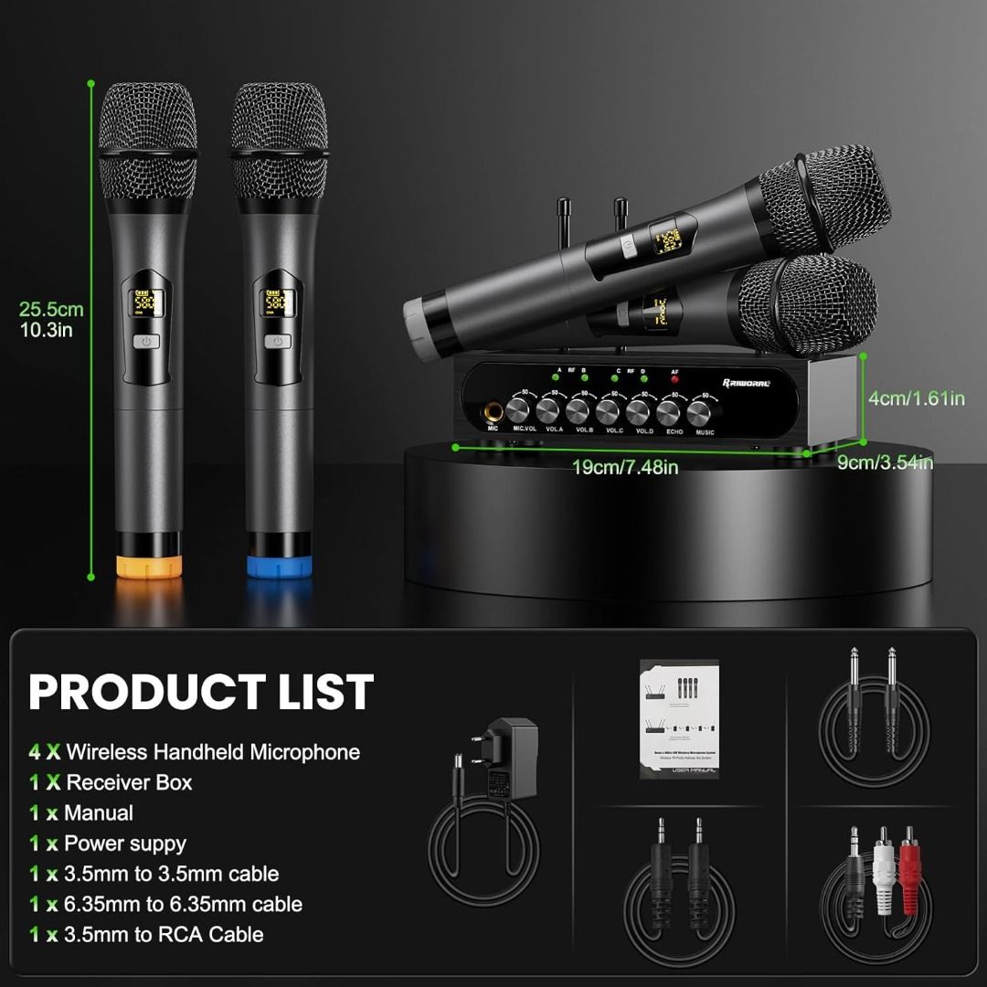Wireless Microphone System Karaoke 4 Channel UHF Cordless Handheld ...