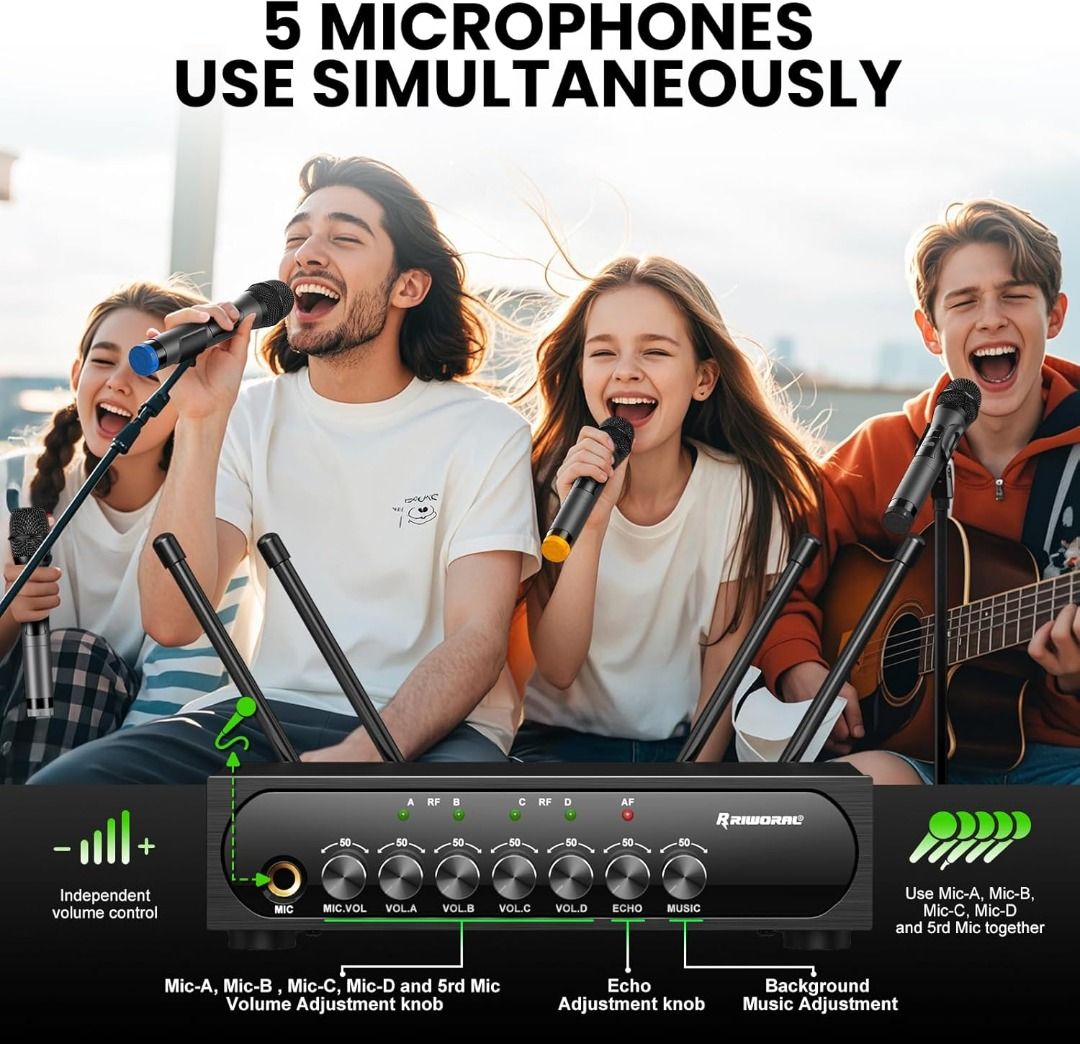 Wireless Microphone System Karaoke 4 Channel UHF Cordless Handheld ...
