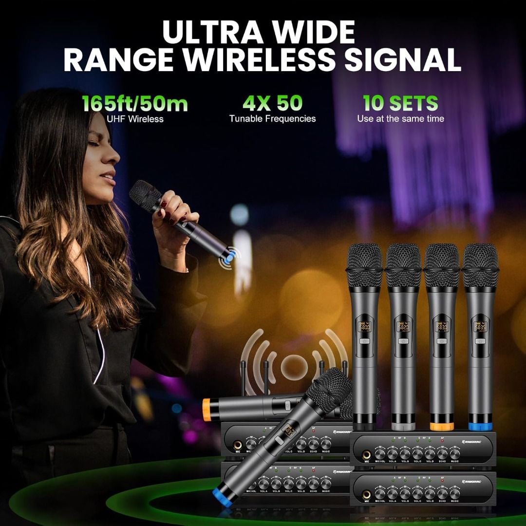 Wireless Microphone System Karaoke 4 Channel UHF Cordless Handheld ...