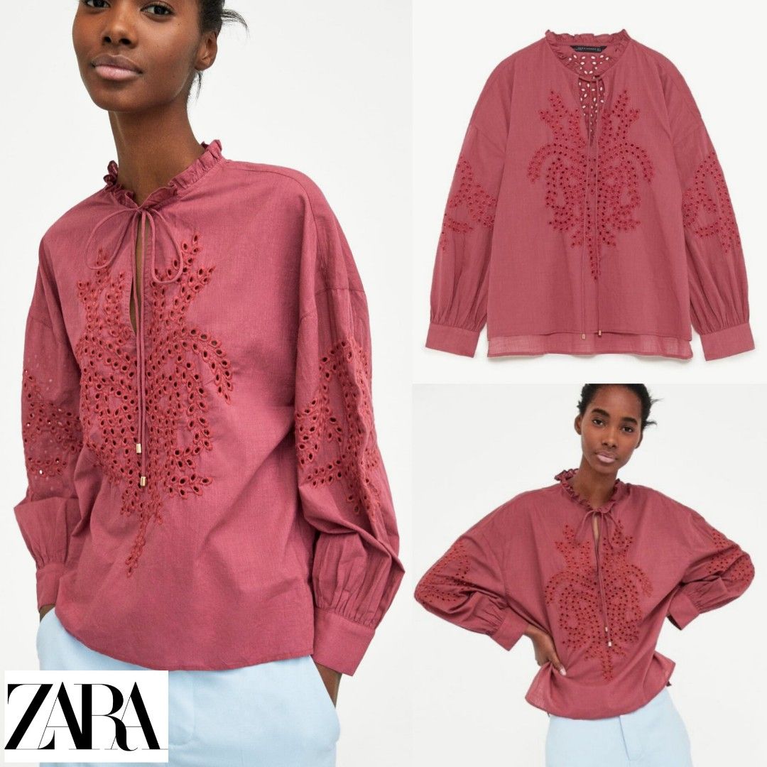 zara embroidered blouse with ruffles