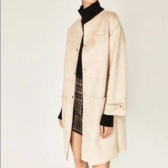 Zara Faux Suede Button Down Coat Beige Women s Fashion Coats Jackets and Outerwear on Carousell
