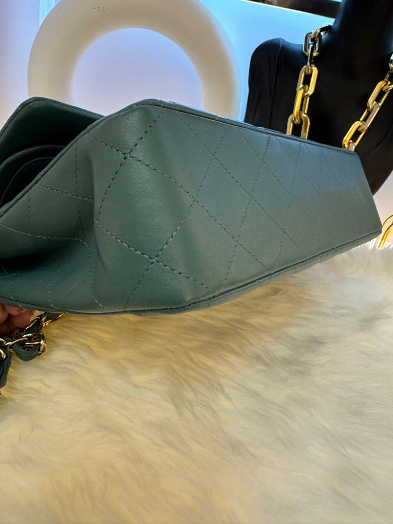 Authentic double flap Chanel lambskin (green) medium (Category: Luxury Bags & Wallets) located in Mandaluyong City. Submitted by tisay07 (Listing ID 1328802567, Image 2). Description: Guaranteed authentic Gold hardware (Microchip) Seldom used With box and dust bag .