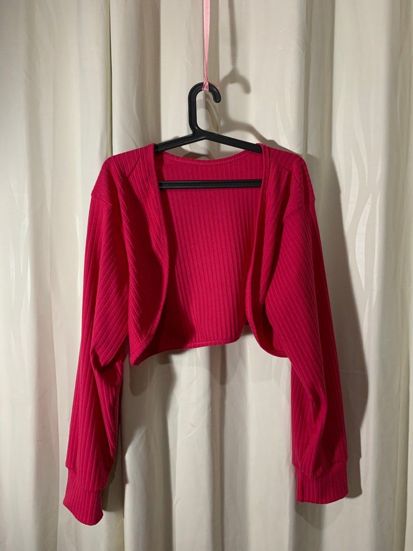 barbie pink cropped cardigan (Category: Coats, Jackets and Outerwear) located in Cainta. Submitted by matchaboo (Listing ID 1328932635, Image 1). Description: got from tik/tok shop decluttering can fit upto xl used thrice.