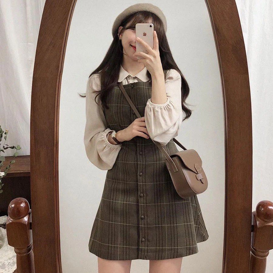 Brown pinafore plaid dress Korean style Women s Fashion Dresses Sets Dresses on Carousell
