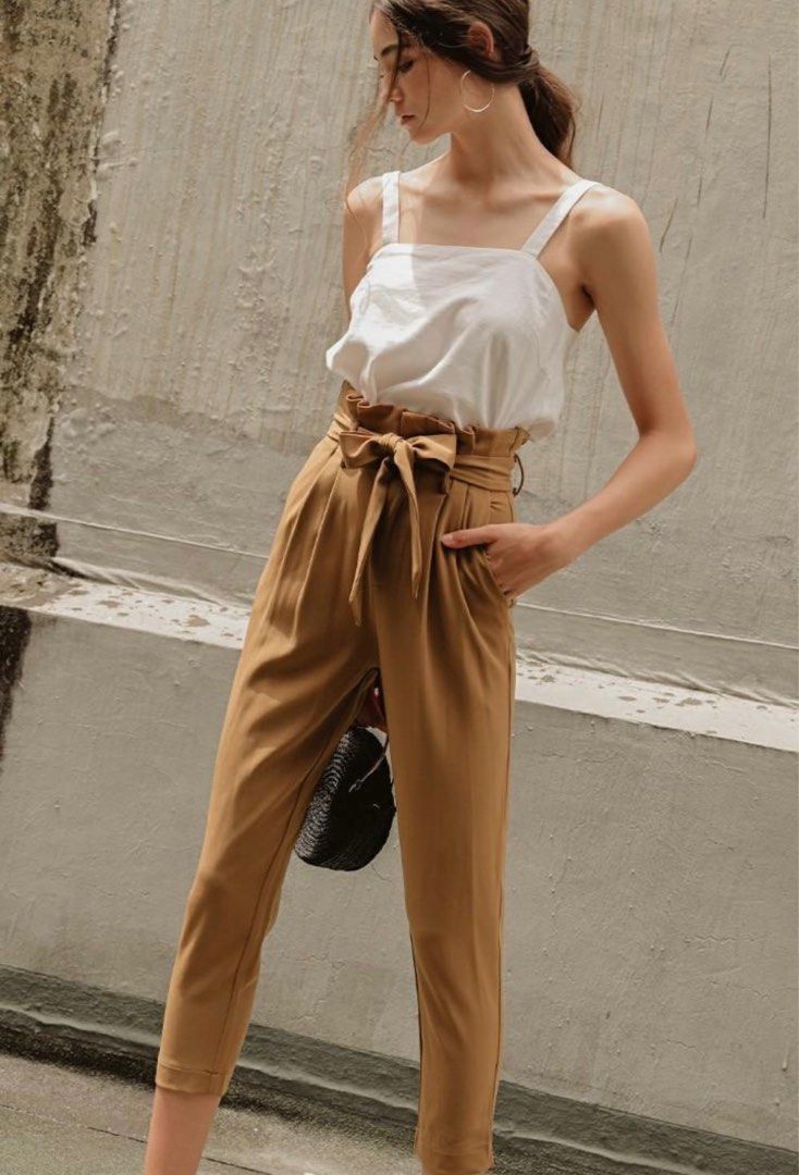 Camel paper bag pants top