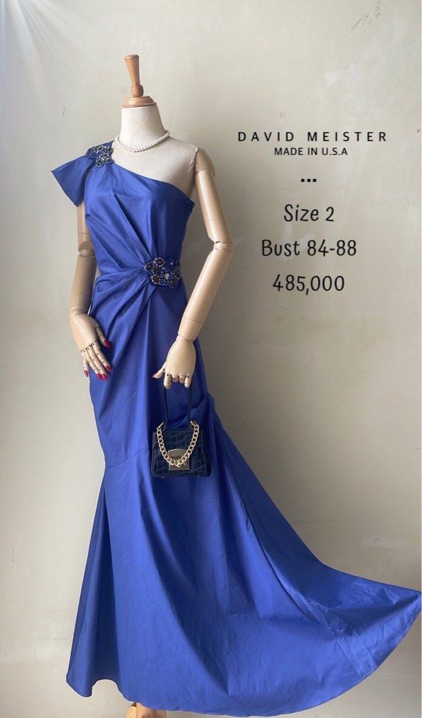 Gaun gown maxi dress panjang biru tua pesta furing one shoulder