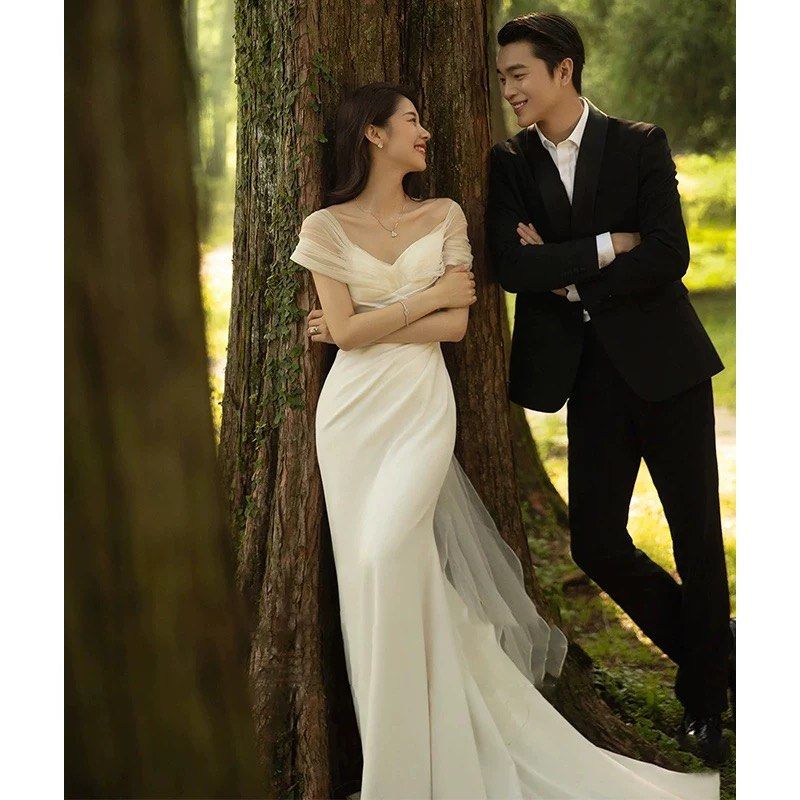 Korean Style Simple Satin Off Shoulder Wedding Evening Dress Gown Women s Fashion Dresses Sets Evening dresses gowns on Carousell