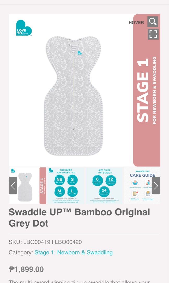 Love to dream swaddle up bamboo swaddle (Category: Other Baby Bathing & Changing Needs) located in Pasig City. Submitted by lexnthecity (Listing ID 1328812032, Image 3). Description: Size small — 3.5-6 kgs For moderate weather Used once RFS: baby doesn’t like being swaddled .
