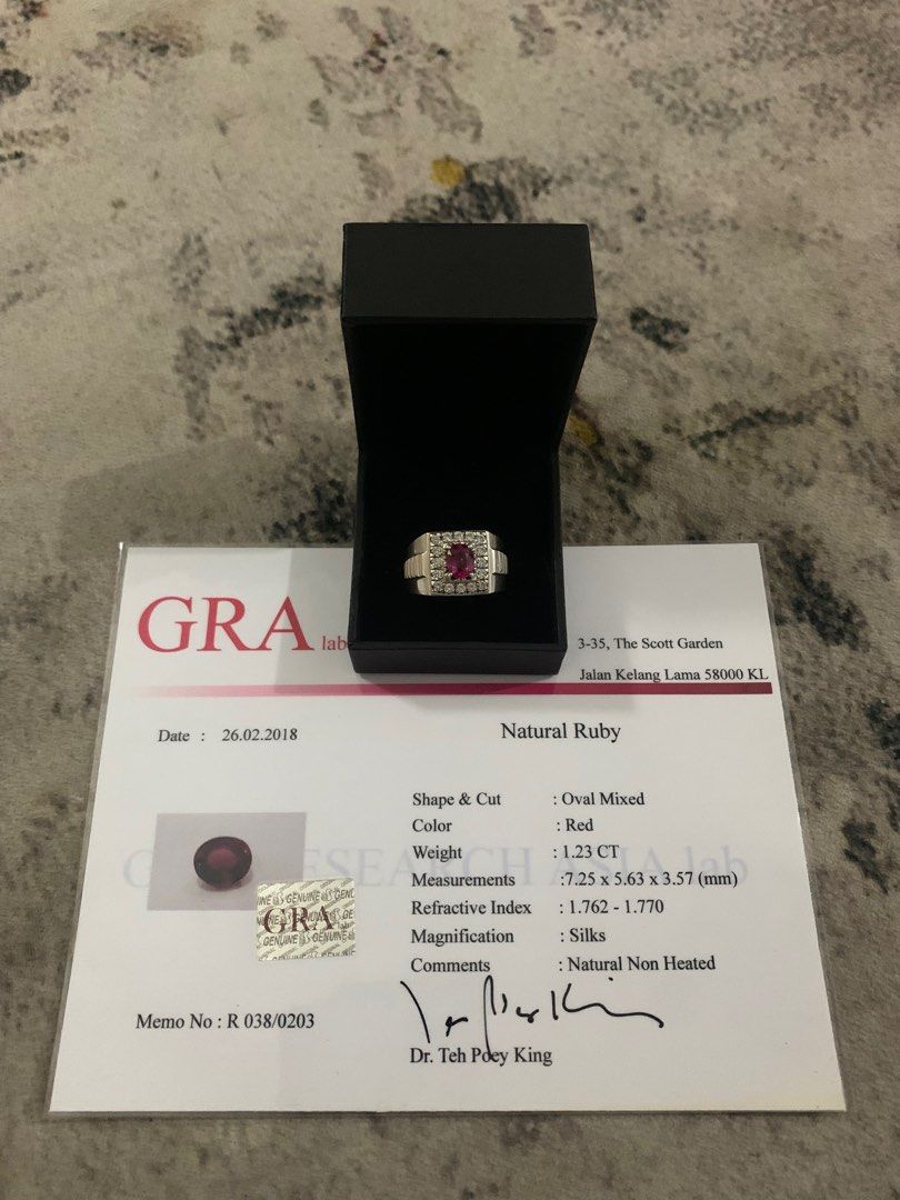 Natural Ruby Ring (Category: Jewelry) located in Kuala Lumpur. Submitted by sumber_rezeki (Listing ID 1328811579, Image 2). Description: Natural ruby GRA Lab certificate 1.23 carat Eye clean Natural non heated.