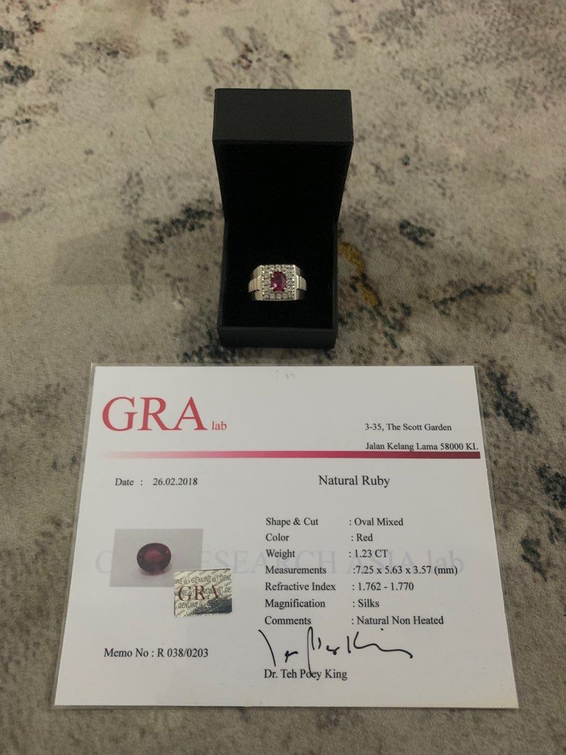 Natural Ruby Ring (Category: Jewelry) located in Kuala Lumpur. Submitted by sumber_rezeki (Listing ID 1328811579, Image 1). Description: Natural ruby GRA Lab certificate 1.23 carat Eye clean Natural non heated.