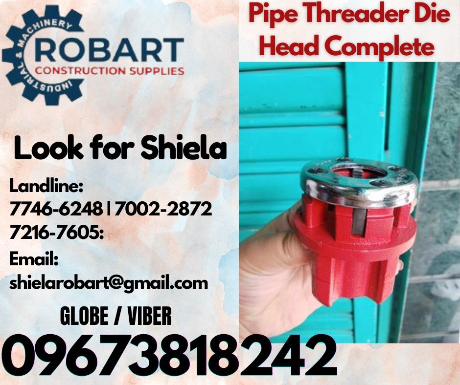 Pipe Threader Die Head Complete (Category: Construction Tools & Equipment) located in Caloocan City. Submitted by shielaroba44709 (Listing ID 1328792517, Image 1). Description: Pipe Threader Die Head Complete 1/2" 𝑹𝑶𝑩𝑨𝑹𝑻 𝑪𝑶𝑵𝑺𝑻𝑹𝑼𝑪𝑻𝑰𝑶𝑵 𝑺𝑼𝑷𝑷𝑳𝑰𝑬𝑺 Office Address: 1405 Yuseco St. Sta Cruz Manila SEND US MESSAGE FOR INQUIRIES ‼️ ‼️ Call: 09673818242 / 09662708845 Vibr - (09673818242) Landline: (𝟩𝟩𝟦𝟨-𝟨𝟤𝟦𝟪) / (𝟩𝟢𝟢𝟤-𝟤