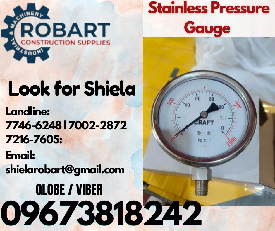 Stainless Pressure Gauge (Category: Construction Tools & Equipment) located in Caloocan City. Submitted by shielaroba44709 (Listing ID 1328792763, Image 1). Description: Stainless Pressure Gauge 4" x 2000psi brand: CRAFT 𝑹𝑶𝑩𝑨𝑹𝑻 𝑪𝑶𝑵𝑺𝑻𝑹𝑼𝑪𝑻𝑰𝑶𝑵 𝑺𝑼𝑷𝑷𝑳𝑰𝑬𝑺 Office Address: 1405 Yuseco St. Sta Cruz Manila SEND US MESSAGE FOR INQUIRIES ‼️ ‼️ Call: 09673818242 / 09662708845 Vibr - (09673818242) Landline: (𝟩𝟩𝟦𝟨-𝟨𝟤𝟦𝟪) / (𝟩𝟢