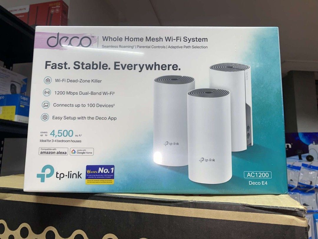 TP-Link Deco E4 (3-Pack) AC1200 Whole Home Mesh Wi-Fi System (Category: Networking) located in Pasig City. Submitted by techubstoreandaccessories (Listing ID 1328819355, Image 2). Description: TP-Link Deco E4 (3-Pack) AC1200 Whole Home Mesh Wi-Fi System Ready for Pick Up / Delivery ‼️ 📌 DETAILS: ✅Actual Picture Posted. ✅BRAND NEW & ORIGINAL. ✅7 Days Replacement for Factory Defects and 1year Warranty. (Terms and conditions apply) ----------------