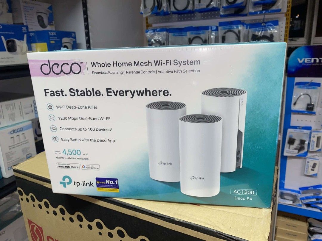 TP-Link Deco E4 (3-Pack) AC1200 Whole Home Mesh Wi-Fi System (Category: Networking) located in Pasig City. Submitted by techubstoreandaccessories (Listing ID 1328819355, Image 1). Description: TP-Link Deco E4 (3-Pack) AC1200 Whole Home Mesh Wi-Fi System Ready for Pick Up / Delivery ‼️ 📌 DETAILS: ✅Actual Picture Posted. ✅BRAND NEW & ORIGINAL. ✅7 Days Replacement for Factory Defects and 1year Warranty. (Terms and conditions apply) ----------------