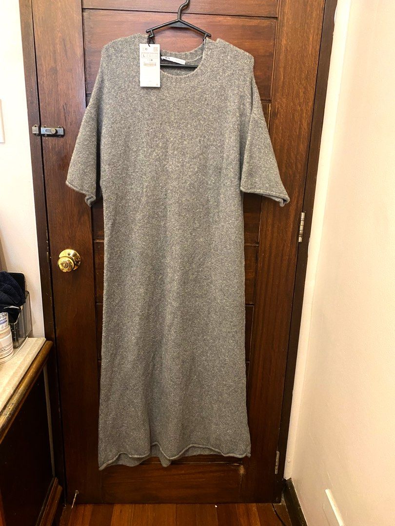 chinese dress ladies ZARA. Grey midi dress with textured opening. Size XS  Hibuy market