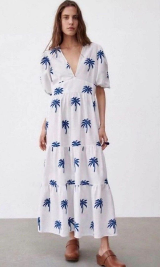 Zara white linen maxi dress with blue embroidered palm trees Women s Fashion Dresses Sets Dresses on Carousell